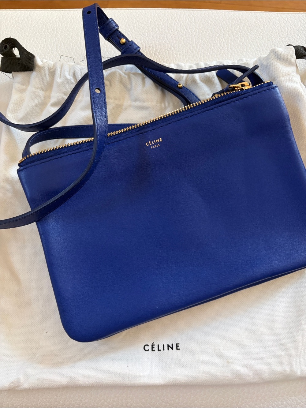 Authentic Celine Blue Leather Crossbody Bag trio small